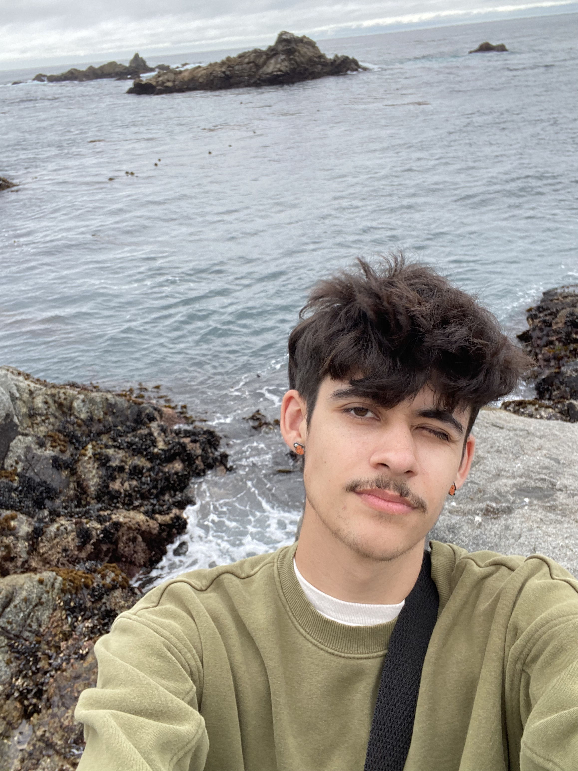 A Picture of Miko with a olive green sweater with the background of the Ocean with Cliffed Coast Rocks in the ocean.
