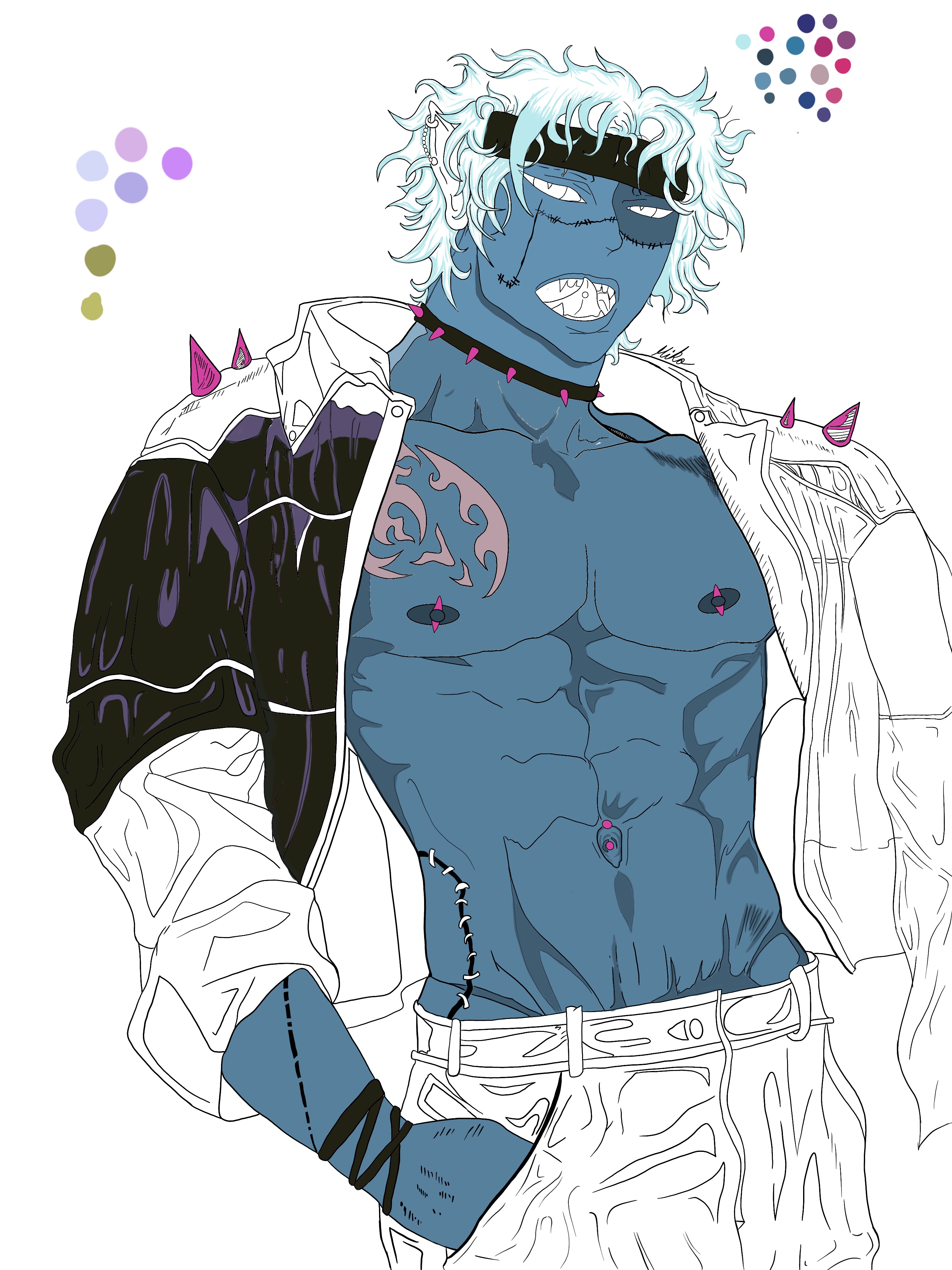 Its a digital drawing of my graphite drawing. He has blue skin and a black jacket that is unzipped which is exposing his six pack of abs.