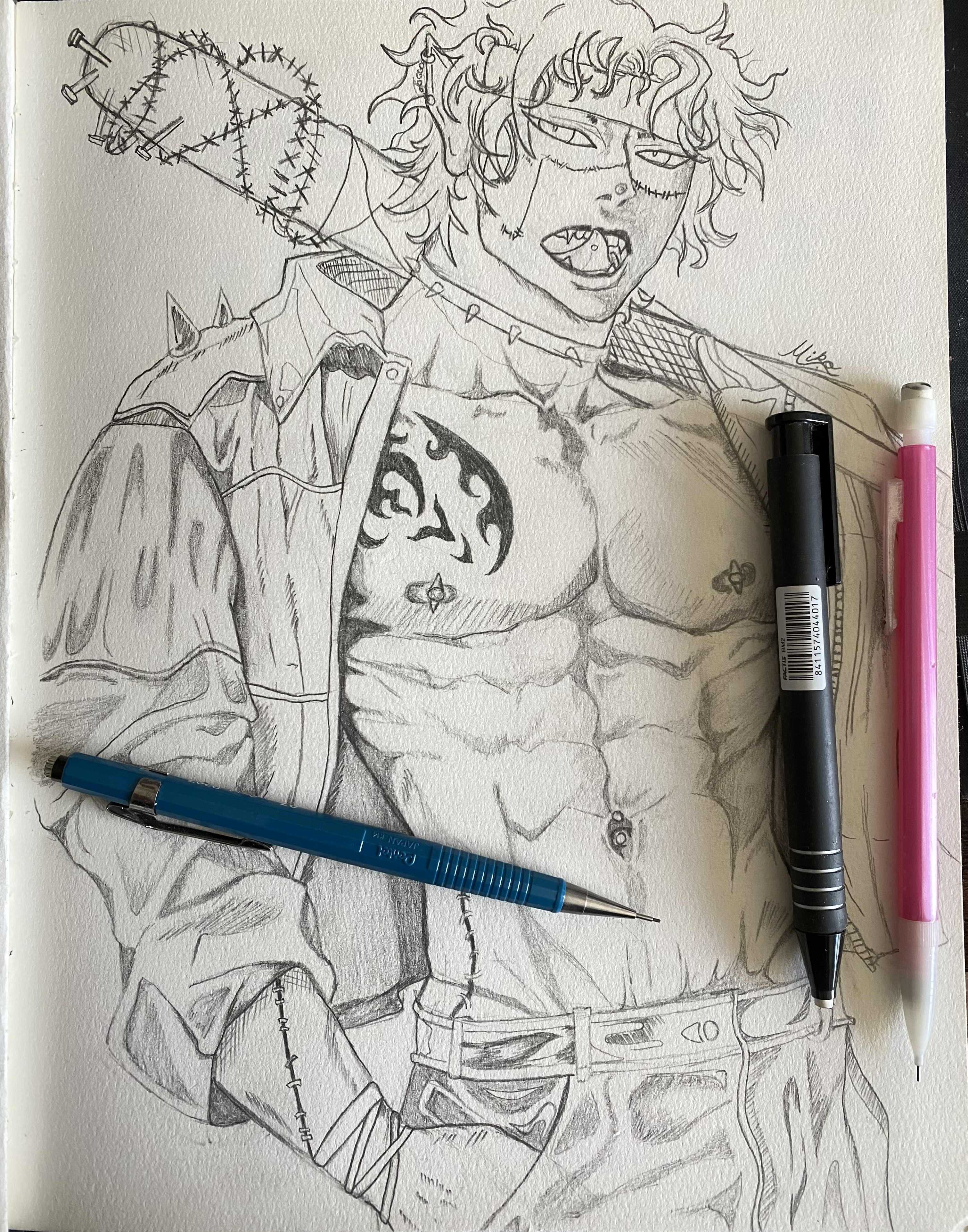 It is a drawing with graphite of a ripped anime elf like male figure. He has a jacket that is unzipped revealing his six pack of abs.