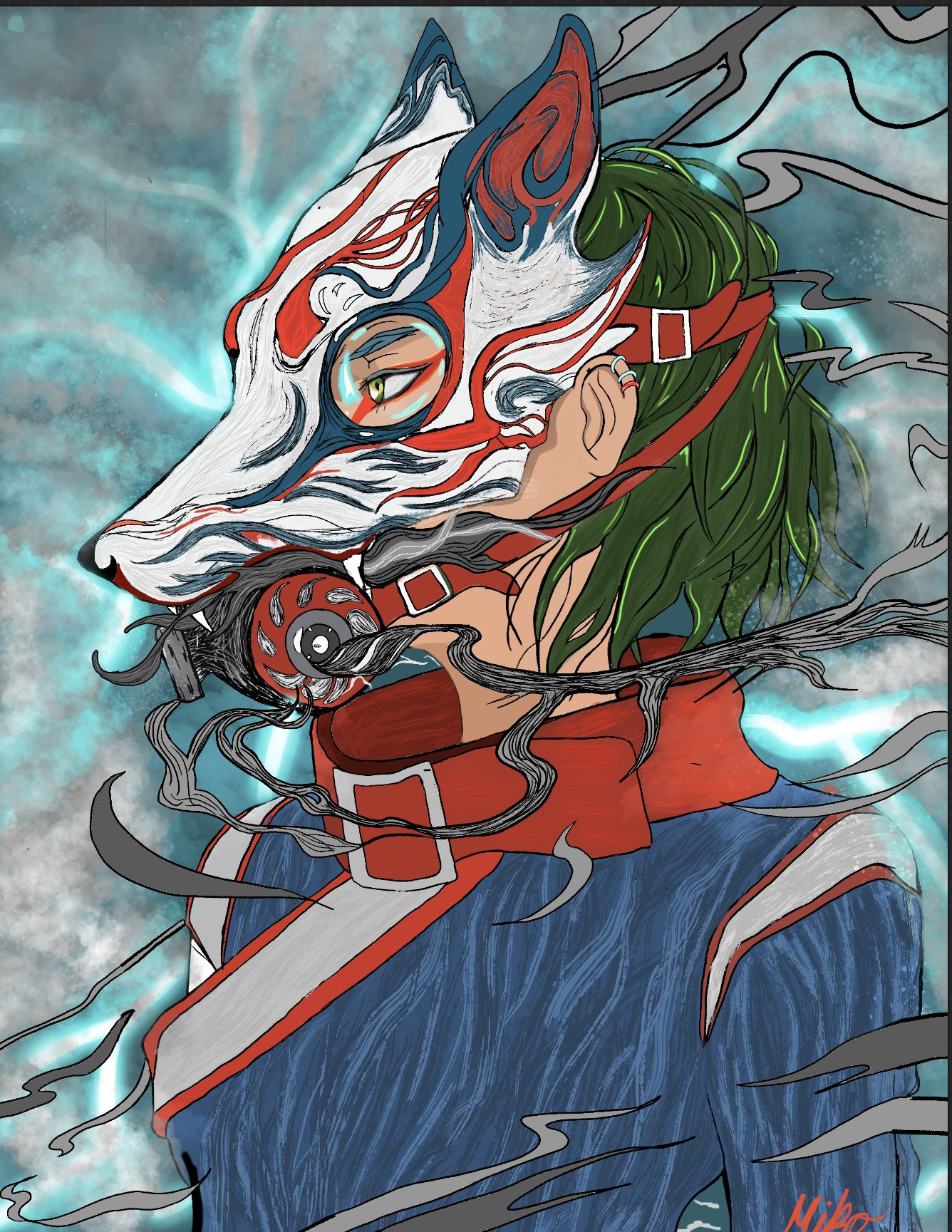 Is a anime style woman that has a wolf gas mask with strong green color hair and a blue and red face mask/clothes.